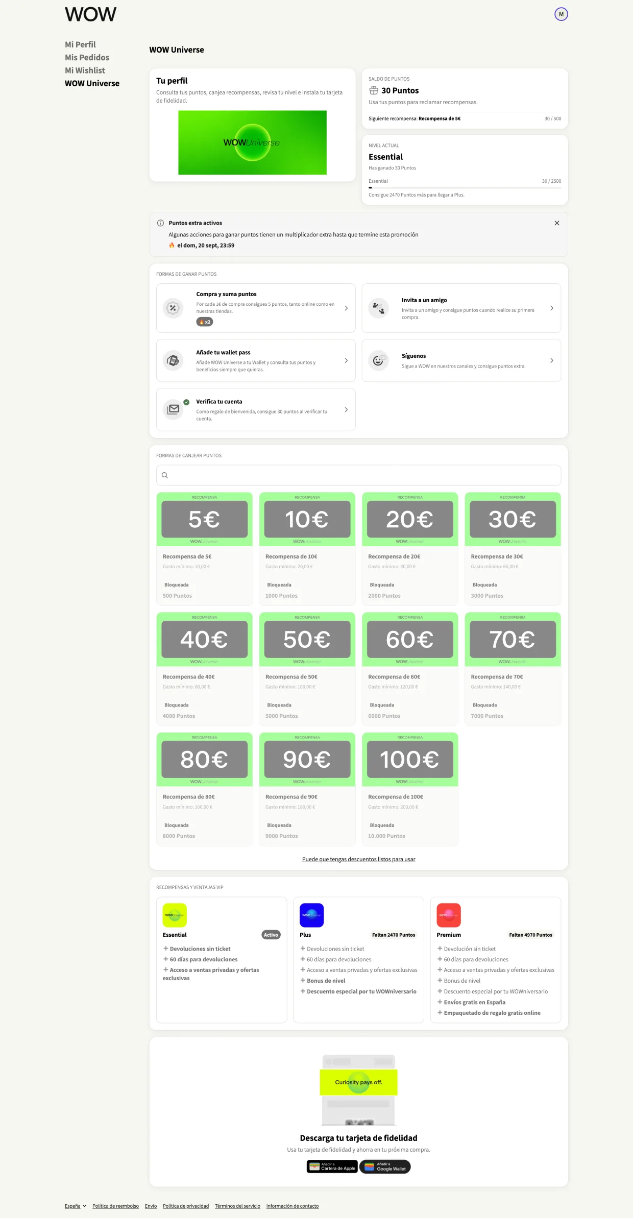 Loyalty Hub WOW Universe im Kundenkonto von WOW Concept