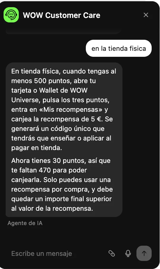 KI-Kundenservice-Chat von Konvo, der erklärt, wie ein Mitglied von WOW Universe eine Prämie im Geschäft einlöst