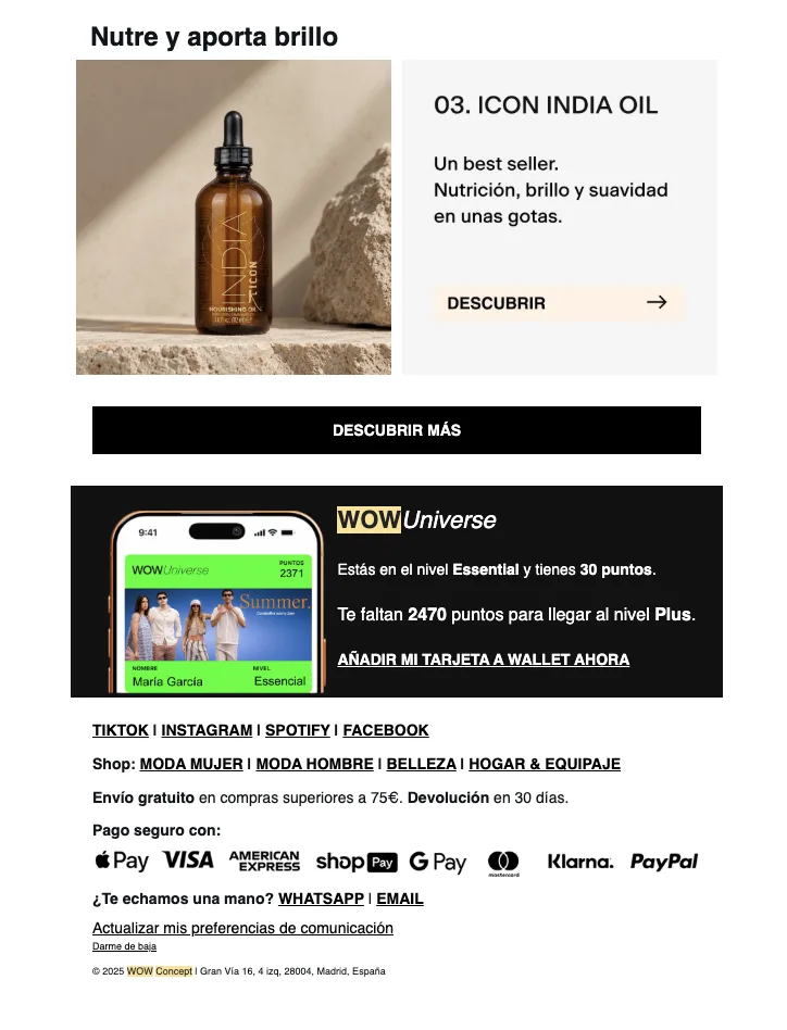 Produkt-E-Mail von WOW Concept mit einer WOW-Universe-Fußzeile, die Stufe und Punktestand des Mitglieds zeigt