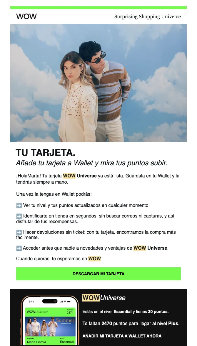 Klaviyo-E-Mail von WOW Concept, die ein Mitglied einlädt, die Karte von WOW Universe zum Wallet auf dem Smartphone hinzuzufügen