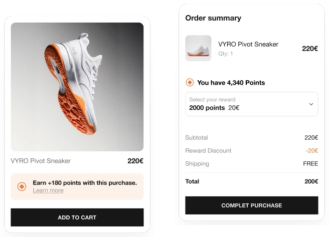 Shopify product page and checkout with loyalty points embeds