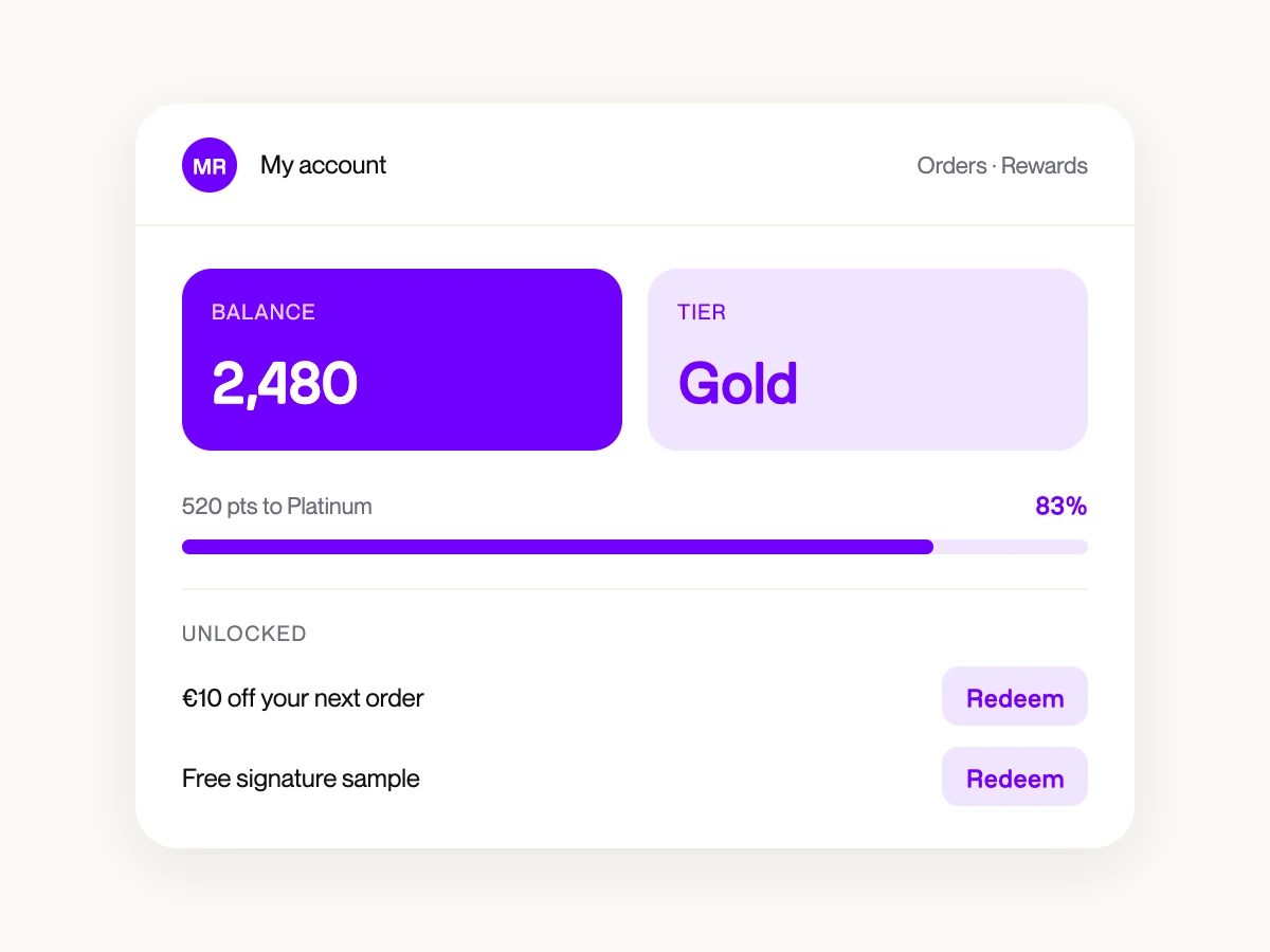 Dashboard de fidelización dentro de la cuenta Shopify: saldo, tier, recompensas desbloqueadas