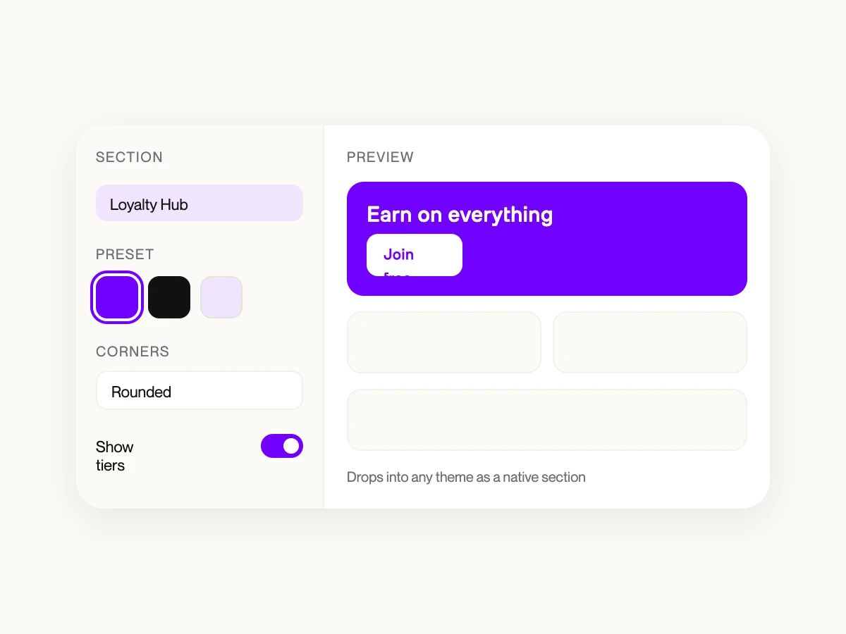 Editor de temas de Shopify mostrando la sección Loyalty Hub editable con presets de estilo