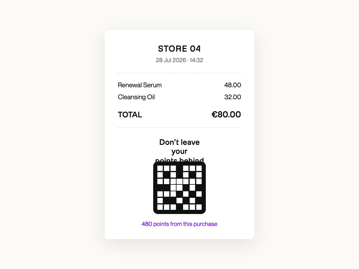 Recibo de Shopify POS con código QR y mensaje 'No dejes puntos de esta compra' para alta al programa