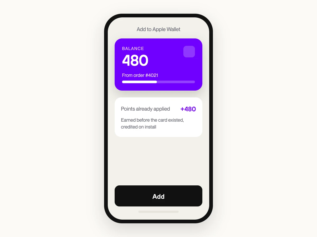 Wallet pass descargándose al móvil del cliente con saldo de la compra ya aplicado