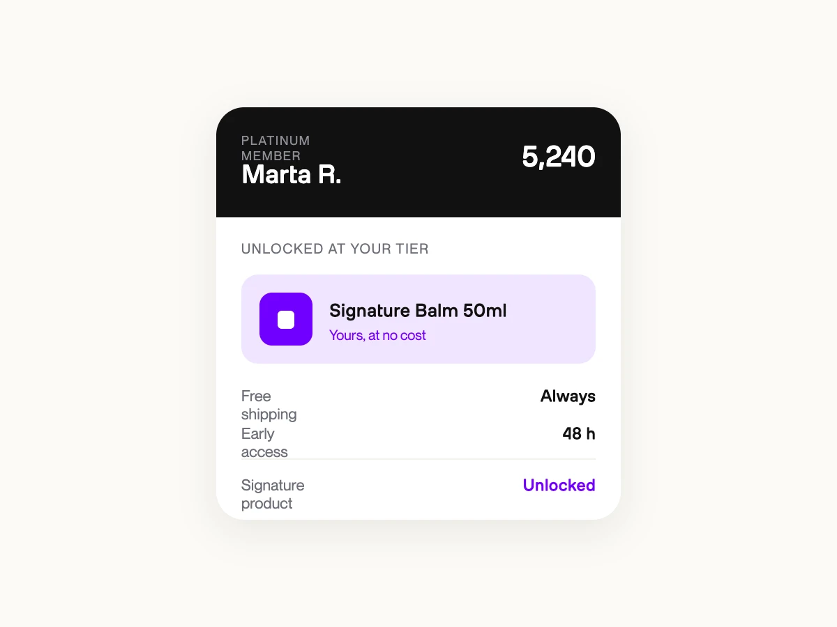 Wallet pass VIP che mostra un prodotto signature sbloccato al tier superiore