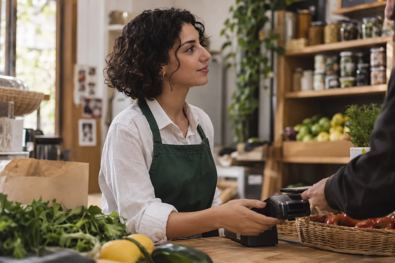 Shop owner taking a card payment at a grocery counter