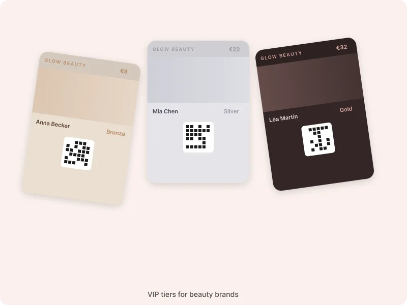 Pass wallet VIP del brand bellezza che mostrano diversi livelli di membership