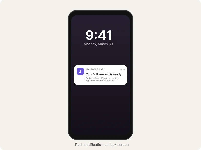 Notifica push su schermata di blocco iPhone da brand moda che annuncia premio VIP
