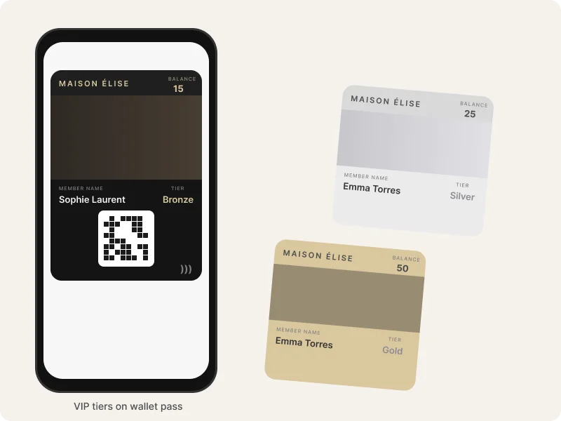 Pass wallet VIP di brand moda che mostra carte Gold e Silver con dettagli del membro