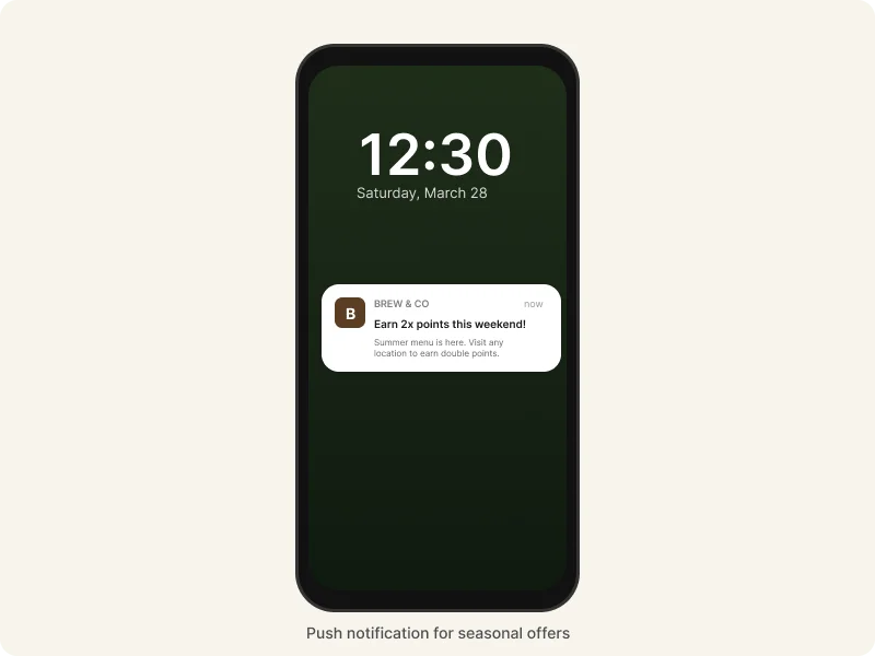 Notificación push en pantalla de bloqueo del iPhone anunciando oferta estacional de alimentación