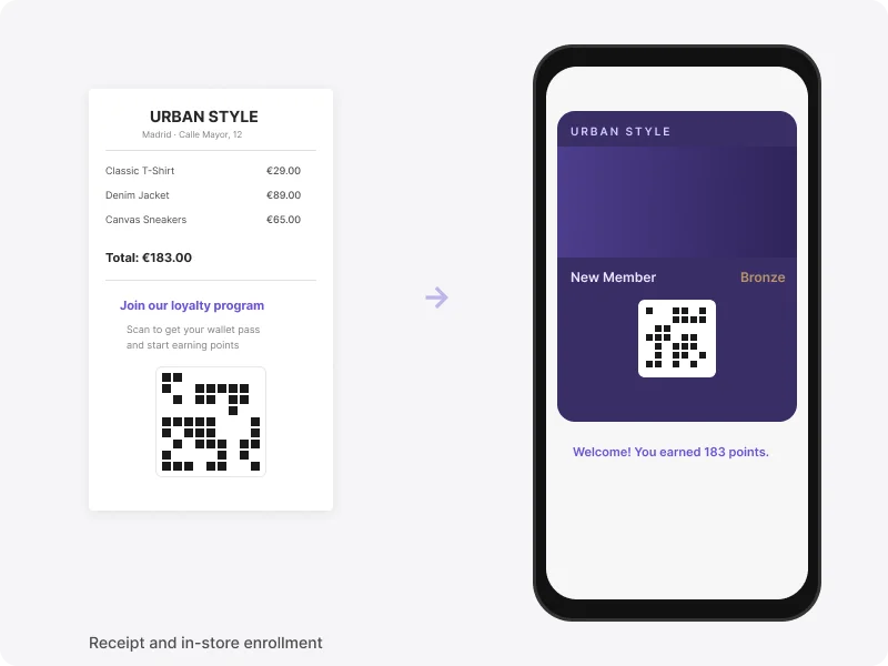Iscrizione in negozio con codice QR sullo scontrino per pass wallet istantaneo