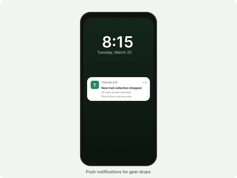 Push notification announcing new gear drop from outdoor brand