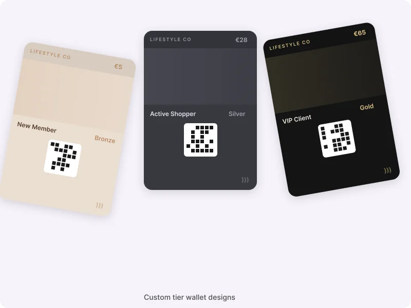 Design pass wallet per livelli che mostrano livelli Bronzo, Argento e Oro